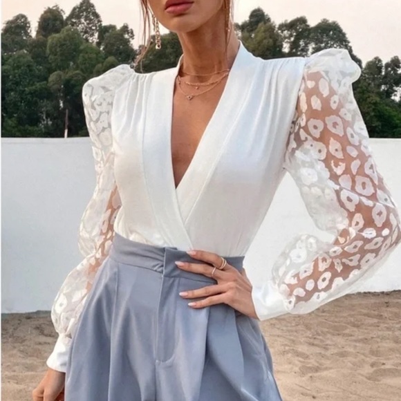 Leopard Print Sheer Puff Long Sleeve Sexy Bodysuit - Picture 4 of 5